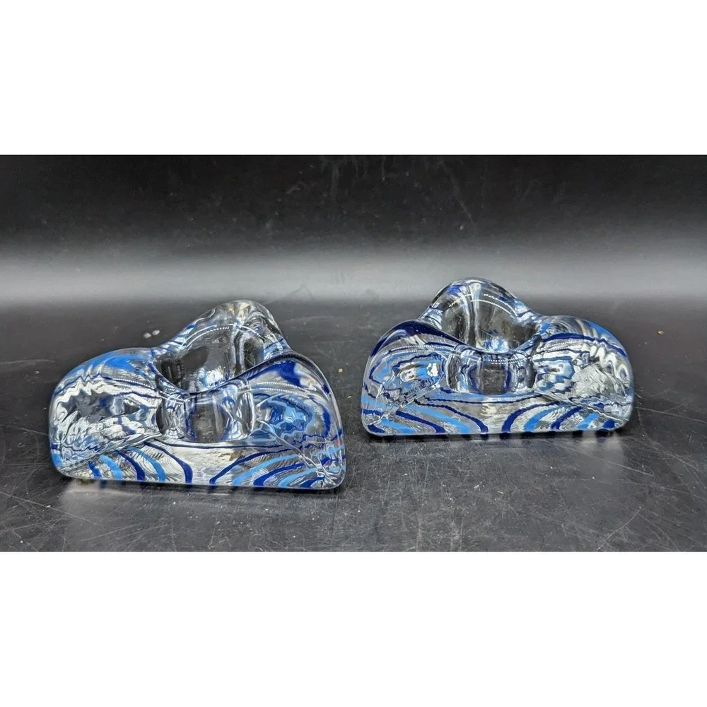 Set/2 Kosta Boda Piece Of Cake Triangle Signed Votive Candle Stripe Cobalt Blue